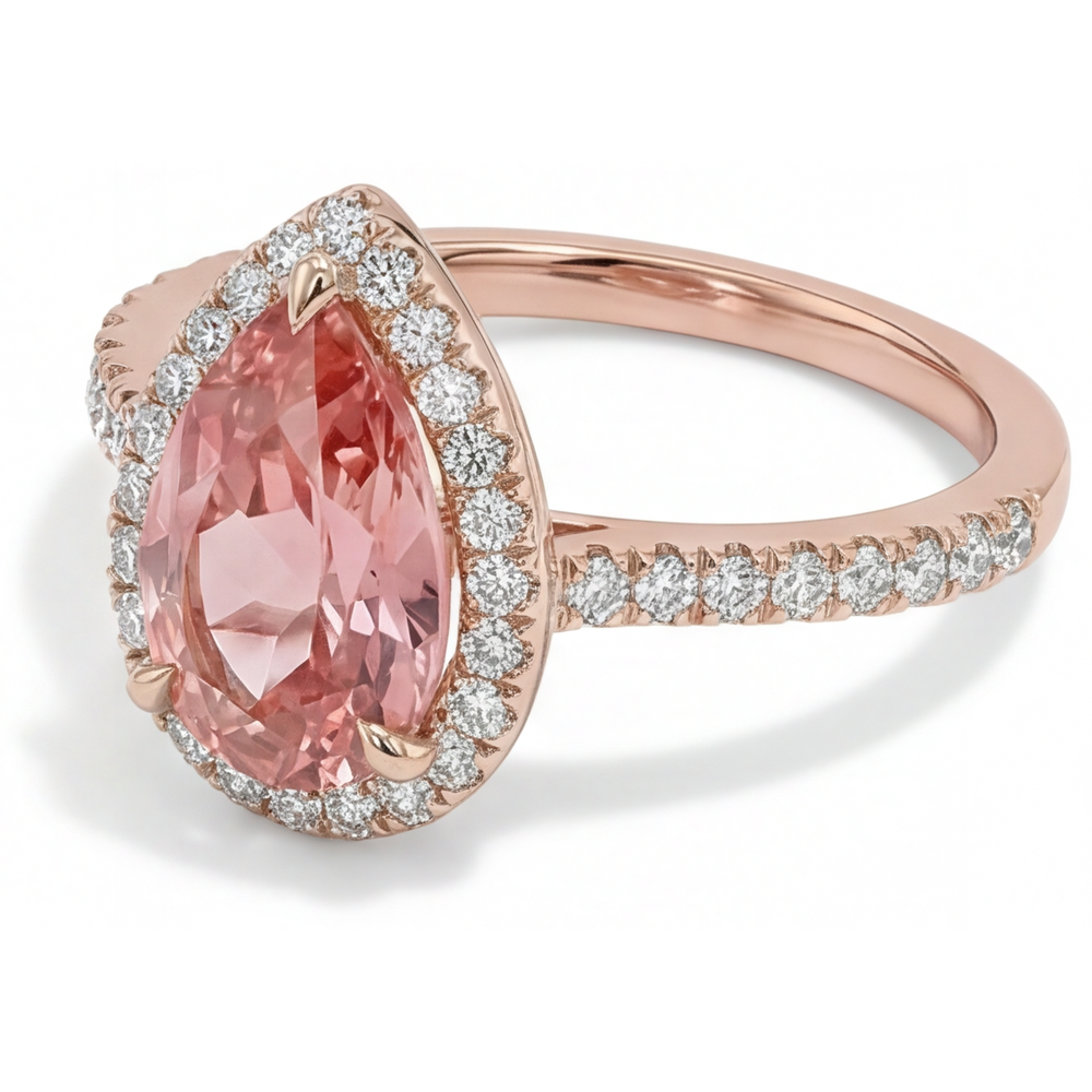 Anello di Fidanzamento con Zaffiro Padparadscha Pesca Naturale a Goccia da 2,8 Carati, Halo Pavé in Oro Rosa 14K