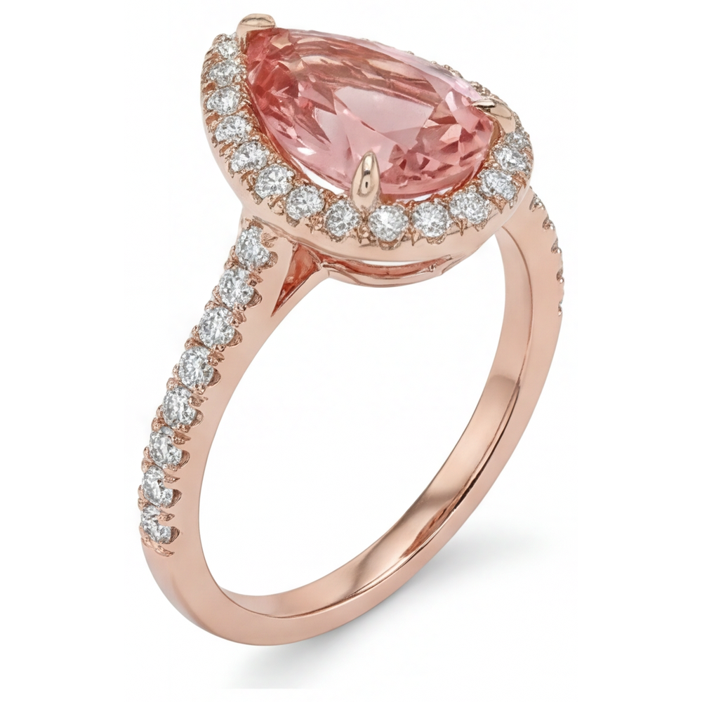 Anello con Zaffiro Pesca Padparadscha Naturale a Goccia da 2,8 Carati Halo Pavé in Oro Rosa 14K