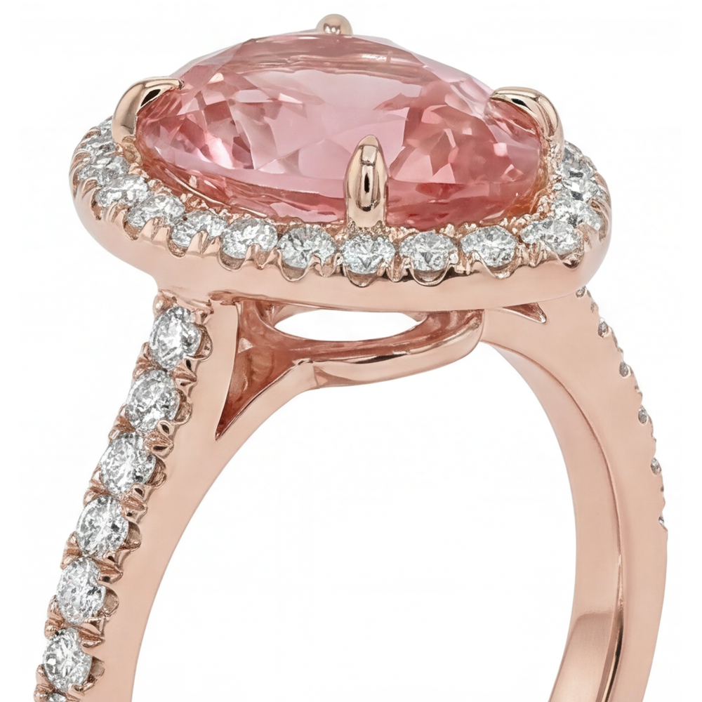Anello Halo Pavé in Oro Rosa 14K con Zaffiro Padparadscha Pesca Naturale a Goccia da 2,8 Carati