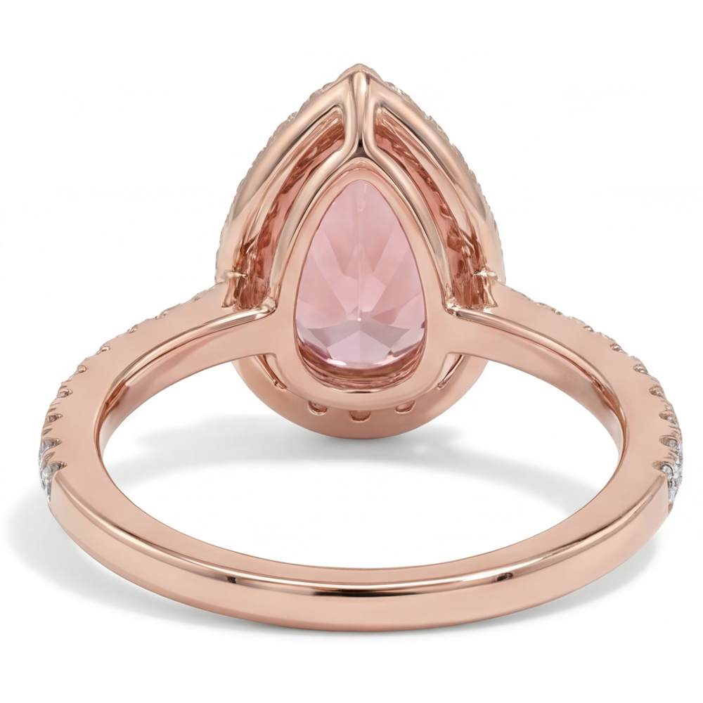Anello di Fidanzamento con Zaffiro Padparadscha Pesca Naturale a Goccia da 2,8 Carati, Halo Pavé in Oro Rosa 14K