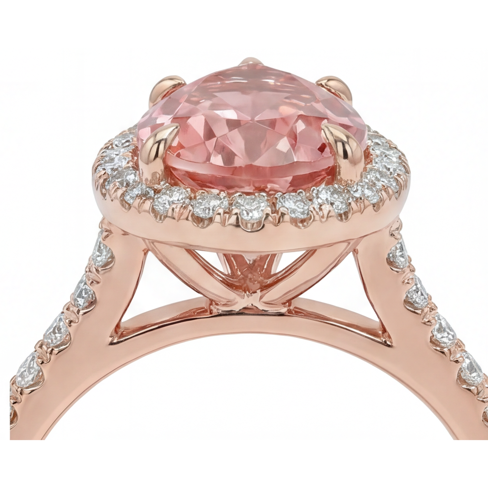 Anello con Zaffiro Pesca Padparadscha Naturale a Goccia da 2,8 Carati Halo Pavé in Oro Rosa 14K