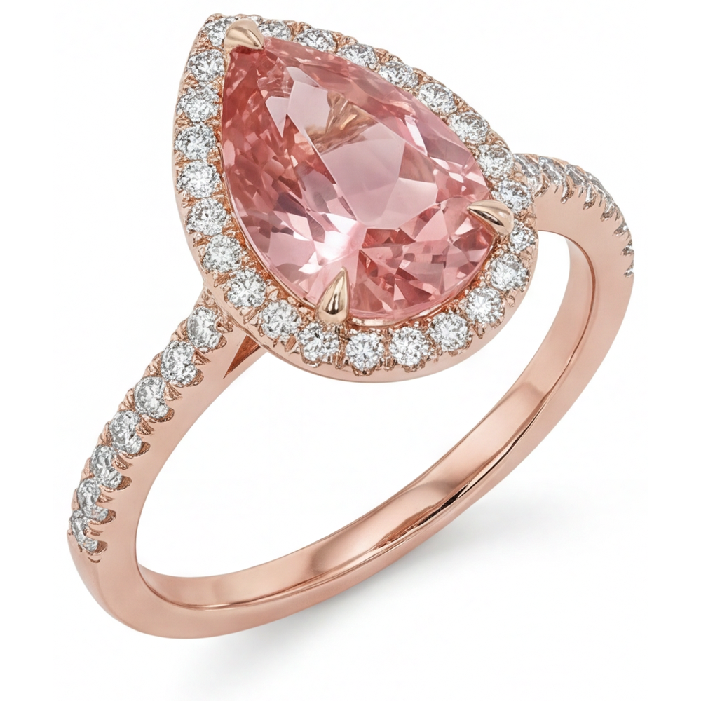 Anello di Fidanzamento con Zaffiro Padparadscha Pesca Naturale a Goccia da 2,8 Carati, Halo Pavé in Oro Rosa 14K