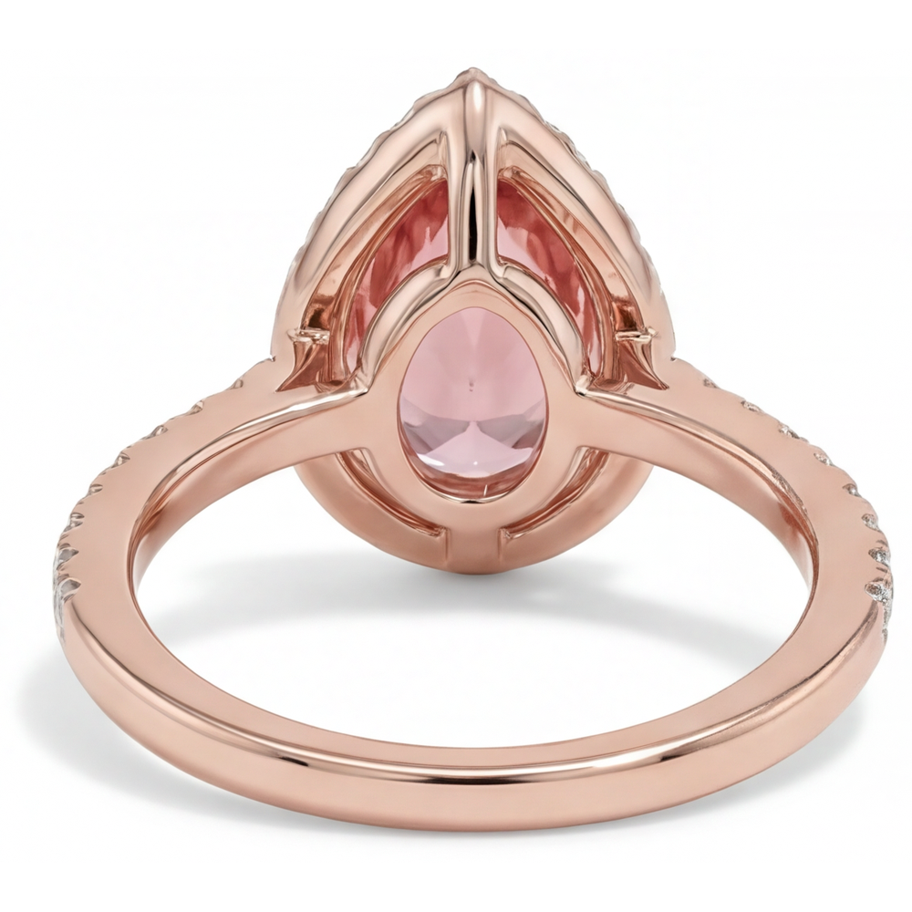 Anello Halo Pavé in Oro Rosa 14K con Zaffiro Padparadscha Pesca Naturale a Goccia da 2,8 Carati