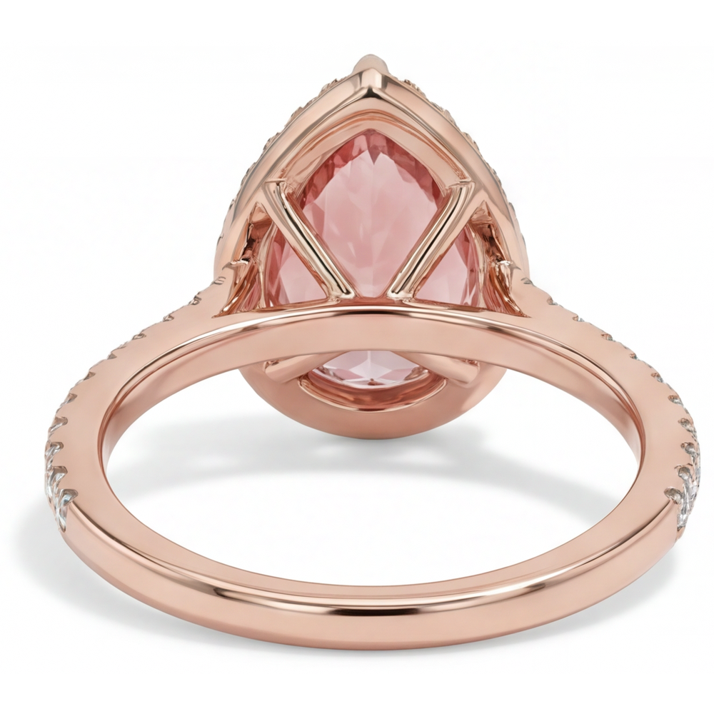 Anello con Zaffiro Pesca Padparadscha Naturale a Goccia da 2,8 Carati Halo Pavé in Oro Rosa 14K