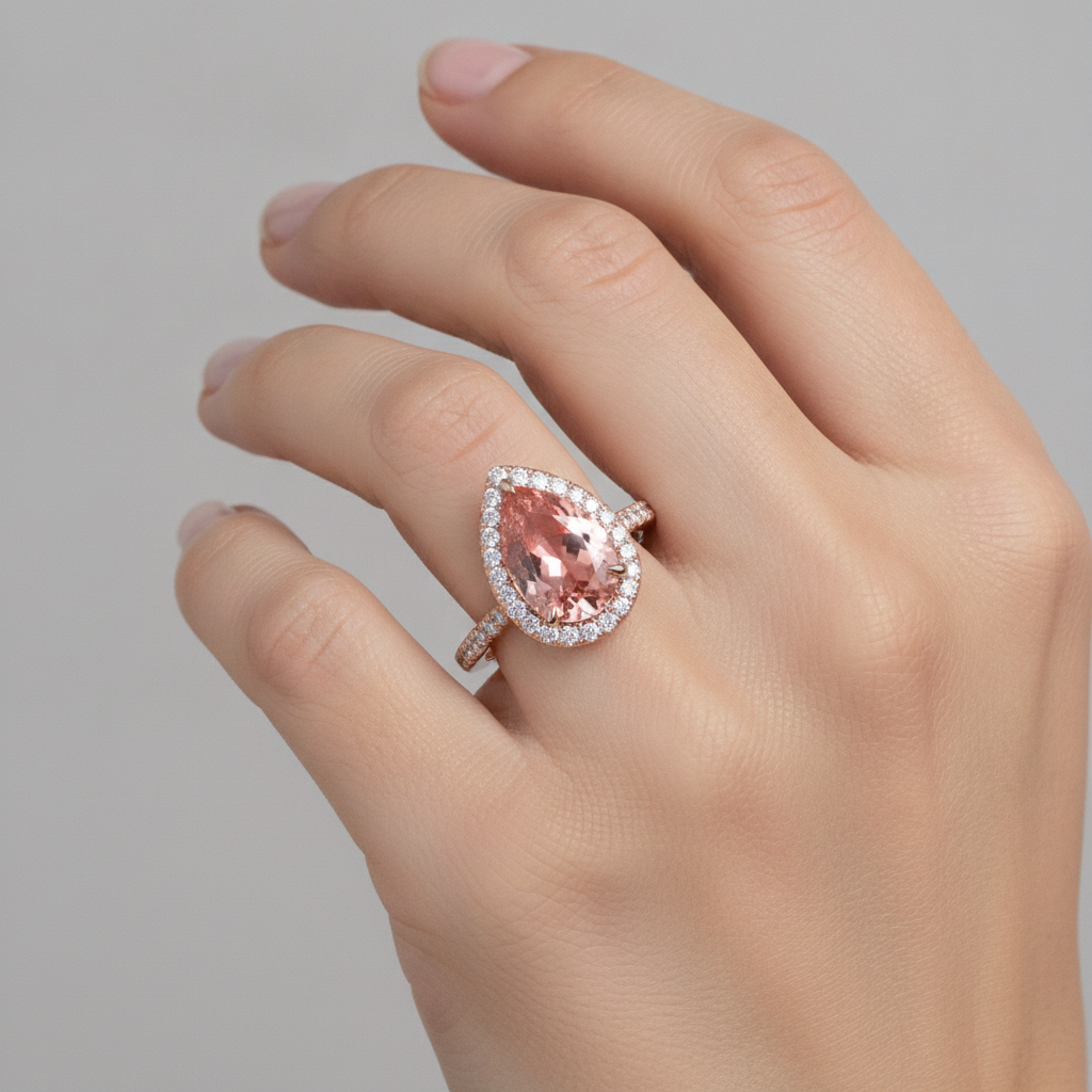 Anello con Zaffiro Pesca Padparadscha Naturale a Goccia da 2,8 Carati Halo Pavé in Oro Rosa 14K