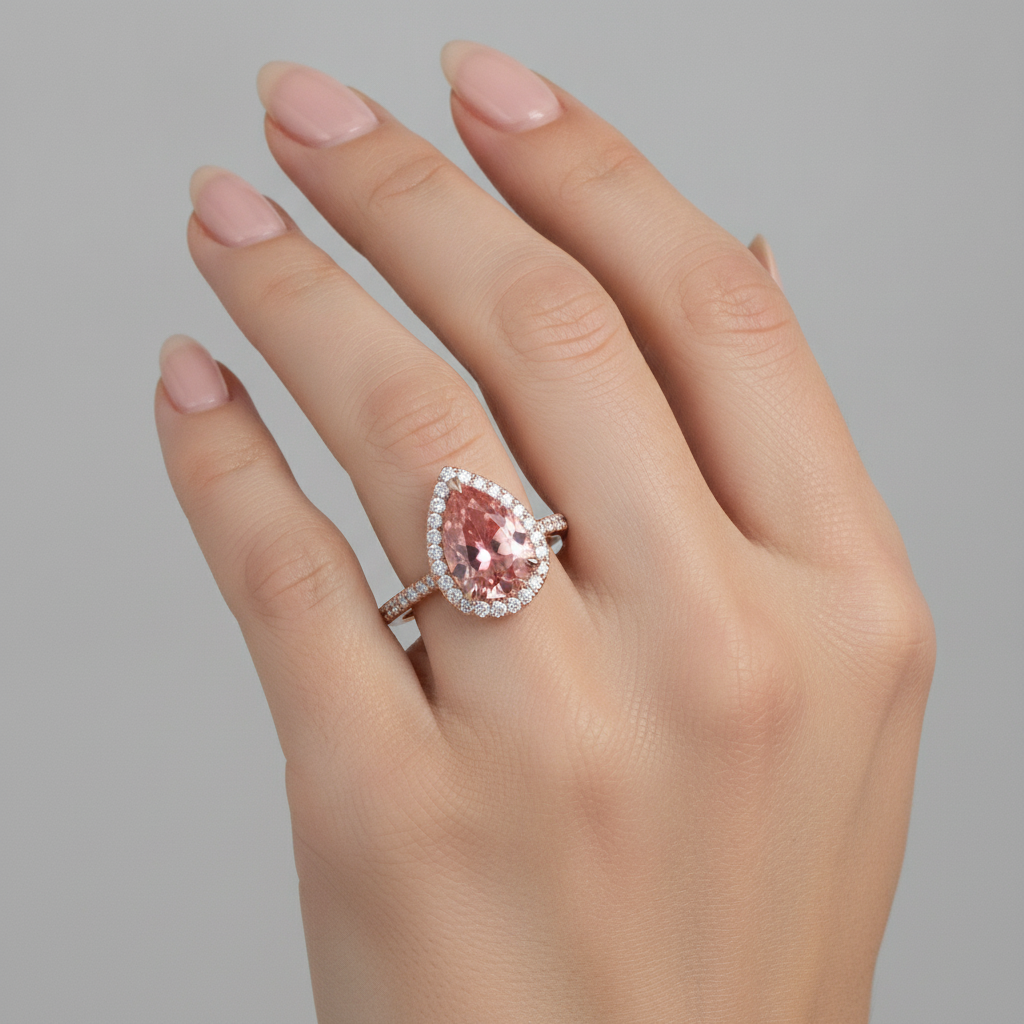Anello di Fidanzamento con Zaffiro Padparadscha Pesca Naturale a Goccia da 2,8 Carati, Halo Pavé in Oro Rosa 14K