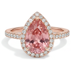 Anello Halo Pavé in Oro Rosa 14K con Zaffiro Padparadscha Pesca Naturale a Goccia da 2,8 Carati