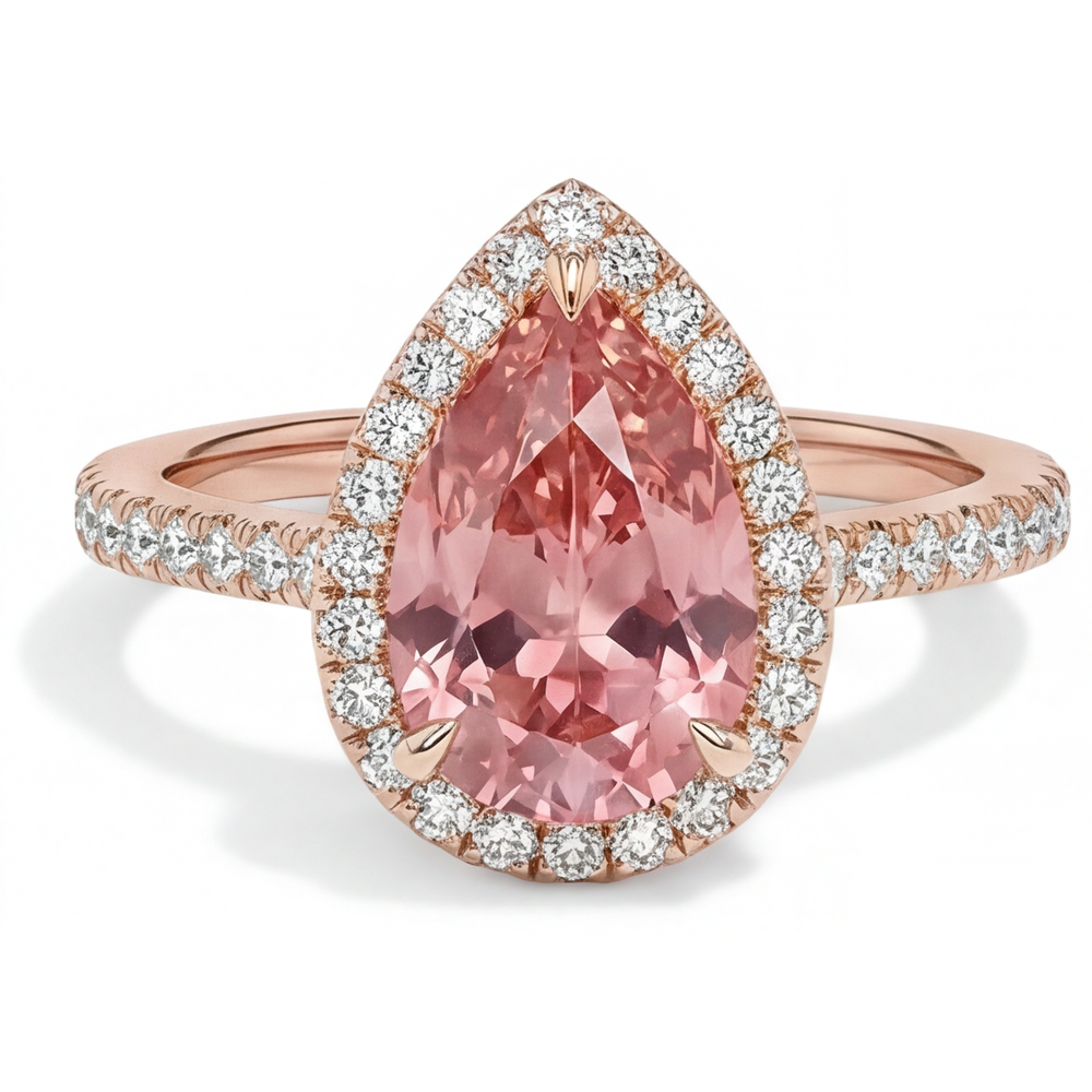 Anello Halo Pavé in Oro Rosa 14K con Zaffiro Padparadscha Pesca Naturale a Goccia da 2,8 Carati