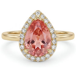 Anello Halo con Zaffiro Padparadscha Rosa Naturale Taglio a Goccia da 2,8 Carati Gambo Liscio in Oro Giallo 14K