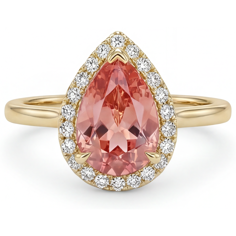 Anello Halo con Zaffiro Padparadscha Rosa Naturale Taglio a Goccia da 2,8 Carati Gambo Liscio in Oro Giallo 14K