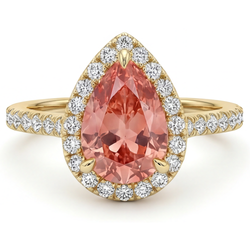 Anello Halo con Zaffiro Padparadscha Naturale Taglio a Goccia da 2,8 Carati in Oro Giallo 14K