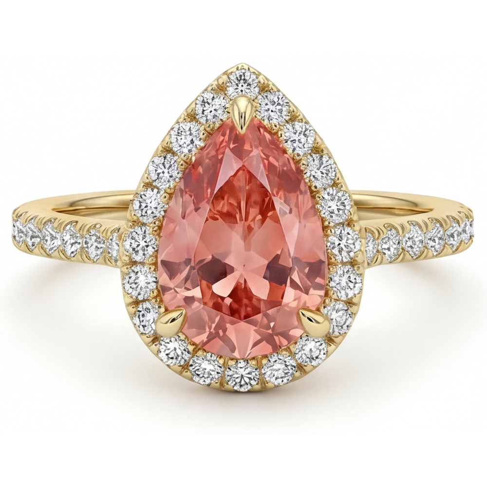 Anello Halo con Zaffiro Padparadscha Naturale Taglio a Goccia da 2,8 Carati in Oro Giallo 14K