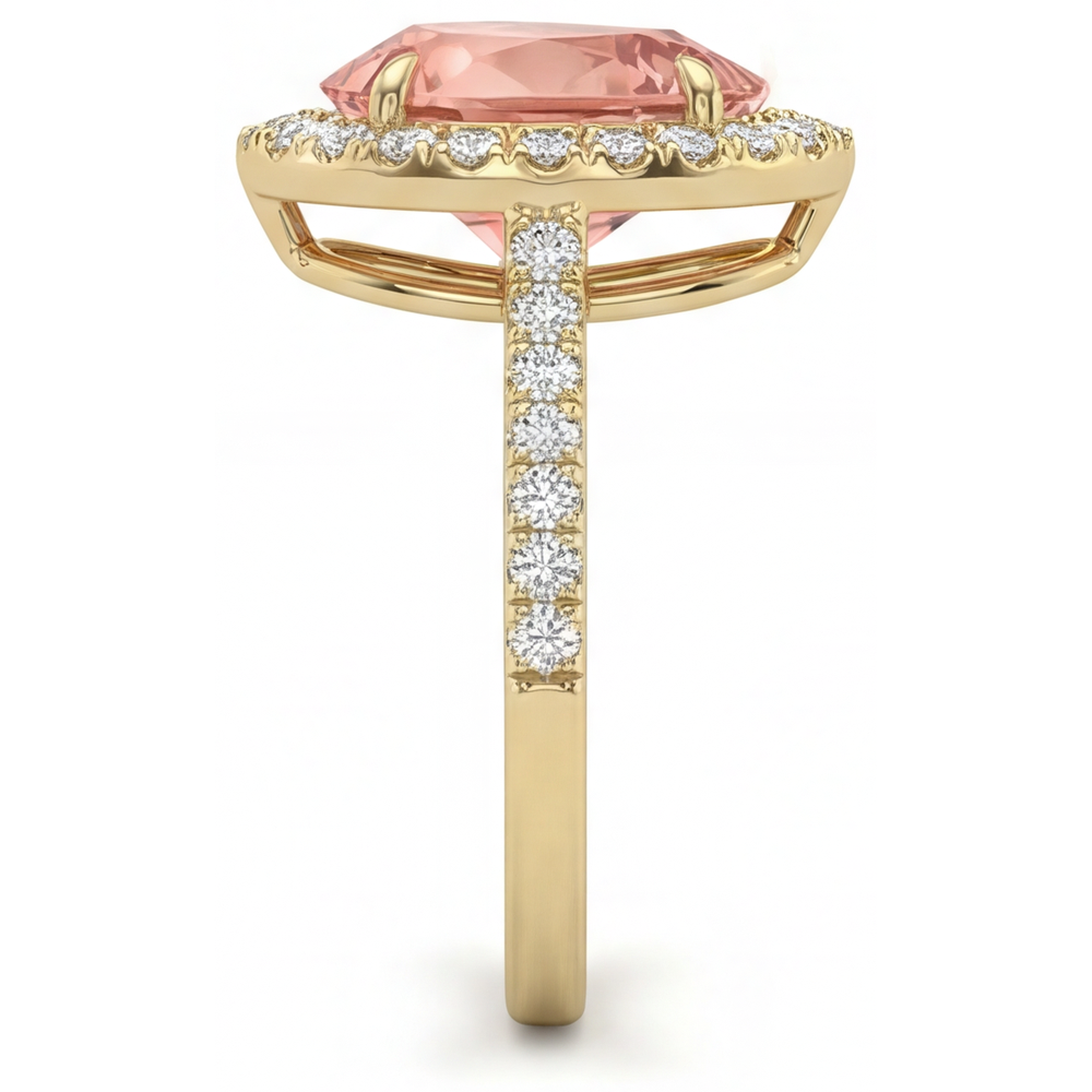 Anello Halo Pavé in Oro Giallo 14K con Zaffiro Padparadscha Naturale a Goccia Color Pesca da 2,8 Carati