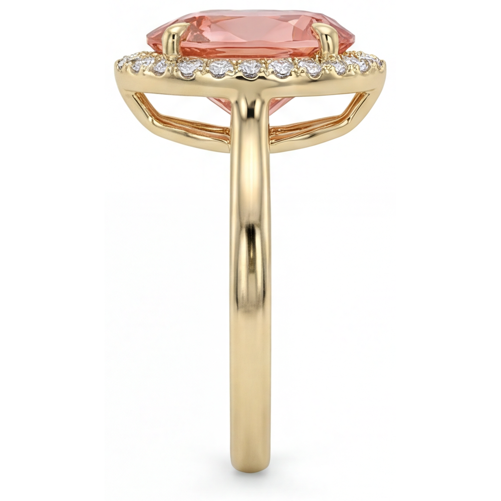 Anello Halo con Zaffiro Padparadscha Rosa Naturale Taglio a Goccia da 2,8 Carati Gambo Liscio in Oro Giallo 14K