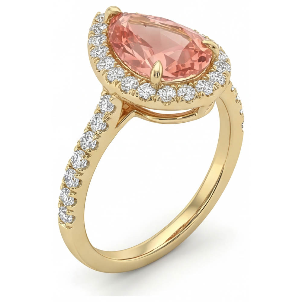 Anello Halo con Zaffiro Padparadscha Naturale Taglio a Goccia da 2,8 Carati in Oro Giallo 14K