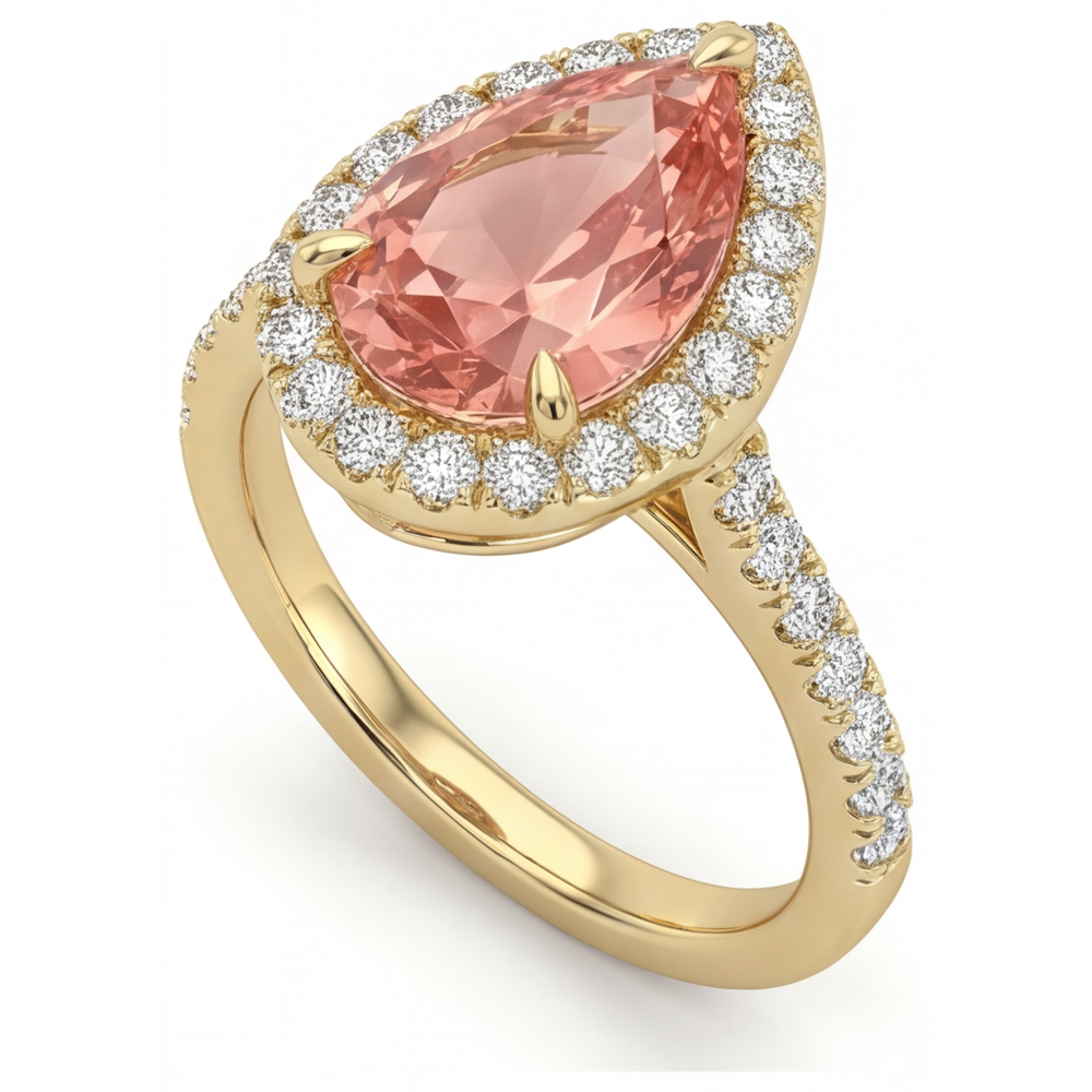 Anello Halo Pavé in Oro Giallo 14K con Zaffiro Padparadscha Naturale a Goccia Color Pesca da 2,8 Carati