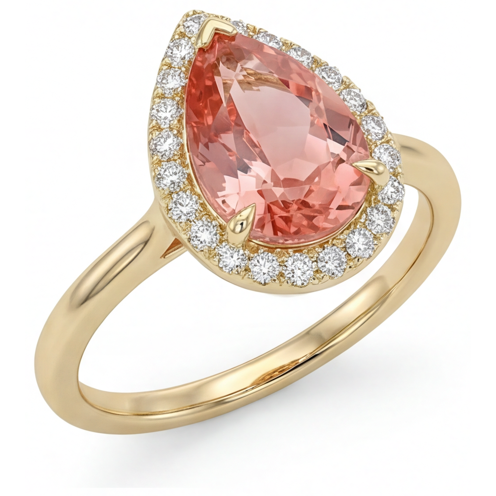 Anello Halo con Zaffiro Padparadscha Rosa Naturale Taglio a Goccia da 2,8 Carati Gambo Liscio in Oro Giallo 14K