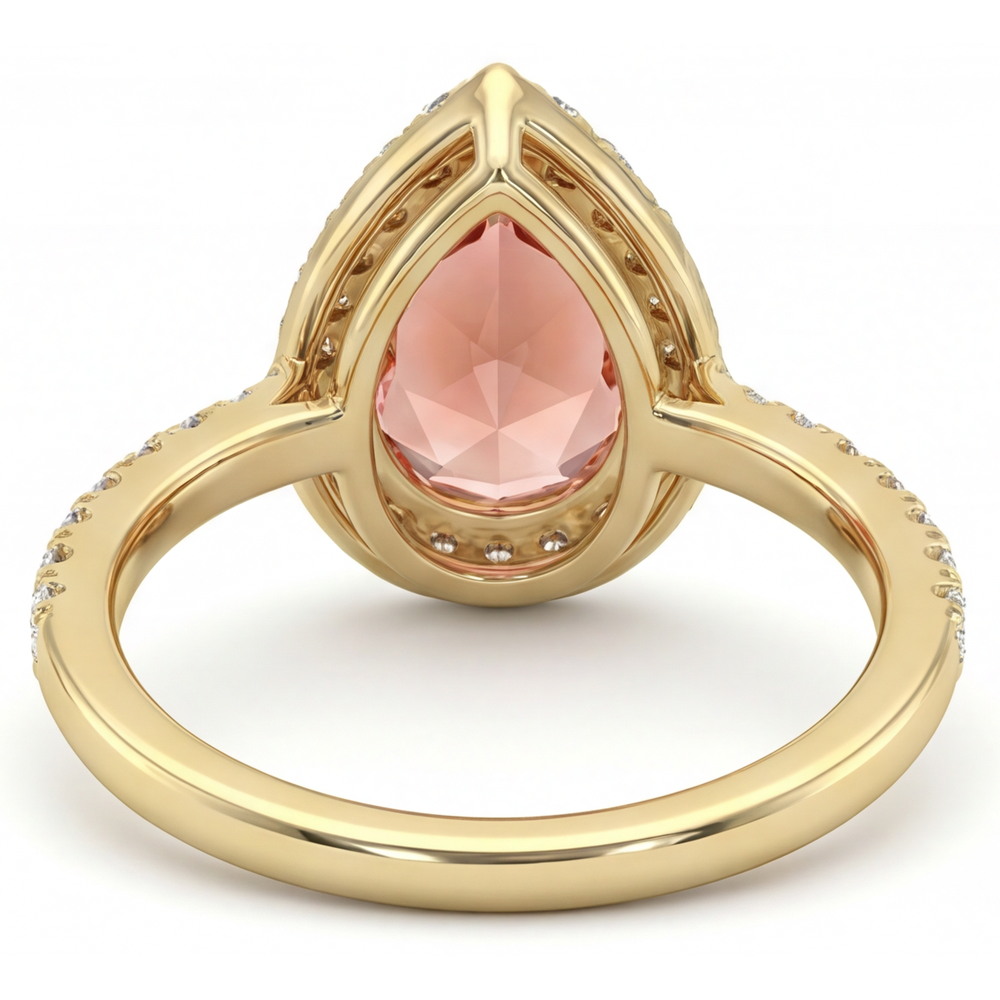 Anello Halo con Zaffiro Padparadscha Naturale Taglio a Goccia da 2,8 Carati in Oro Giallo 14K