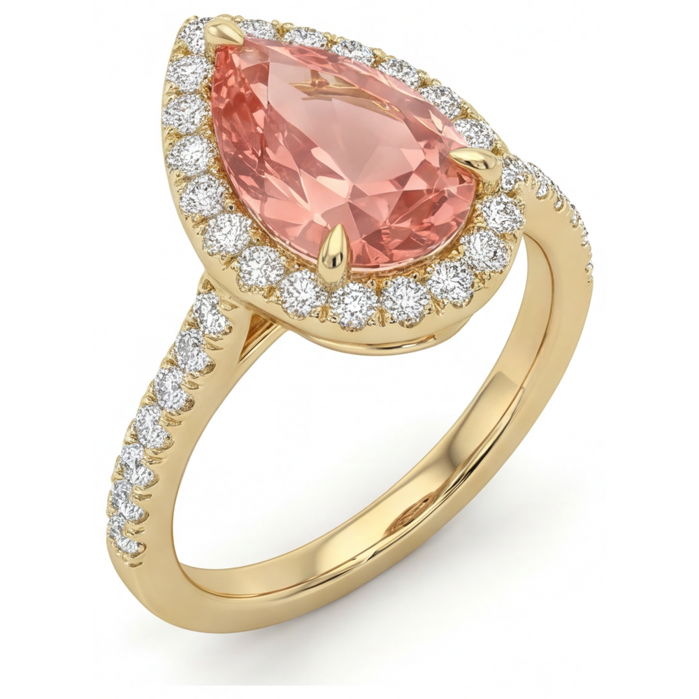 Anello Halo Pavé in Oro Giallo 14K con Zaffiro Padparadscha Naturale a Goccia Color Pesca da 2,8 Carati