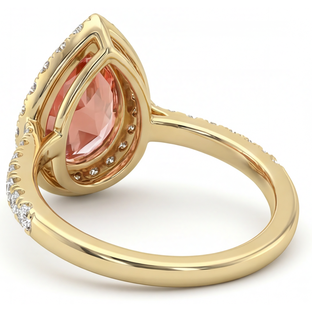 Anello Halo con Zaffiro Padparadscha Naturale Taglio a Goccia da 2,8 Carati in Oro Giallo 14K
