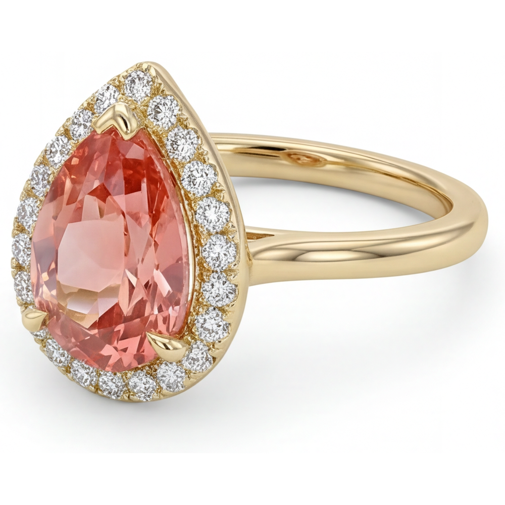 Anello Halo con Zaffiro Padparadscha Rosa Naturale Taglio a Goccia da 2,8 Carati Gambo Liscio in Oro Giallo 14K