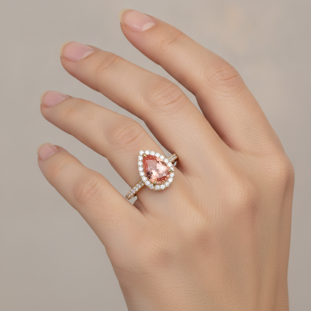 Anello Halo Pavé in Oro Giallo 14K con Zaffiro Padparadscha Naturale a Goccia Color Pesca da 2,8 Carati