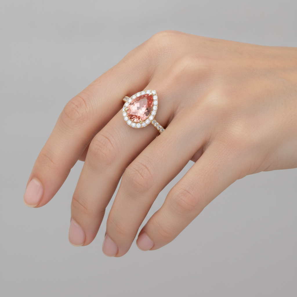 Anello Halo con Zaffiro Padparadscha Naturale Taglio a Goccia da 2,8 Carati in Oro Giallo 14K