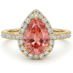 Anello Halo Pavé in Oro Giallo 14K con Zaffiro Padparadscha Naturale a Goccia Color Pesca da 2,8 Carati