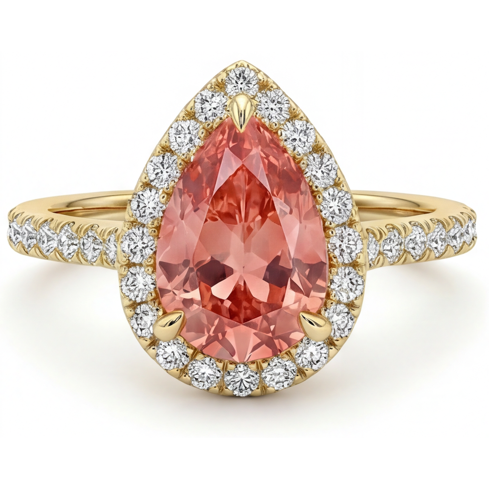 Anello Halo Pavé in Oro Giallo 14K con Zaffiro Padparadscha Naturale a Goccia Color Pesca da 2,8 Carati