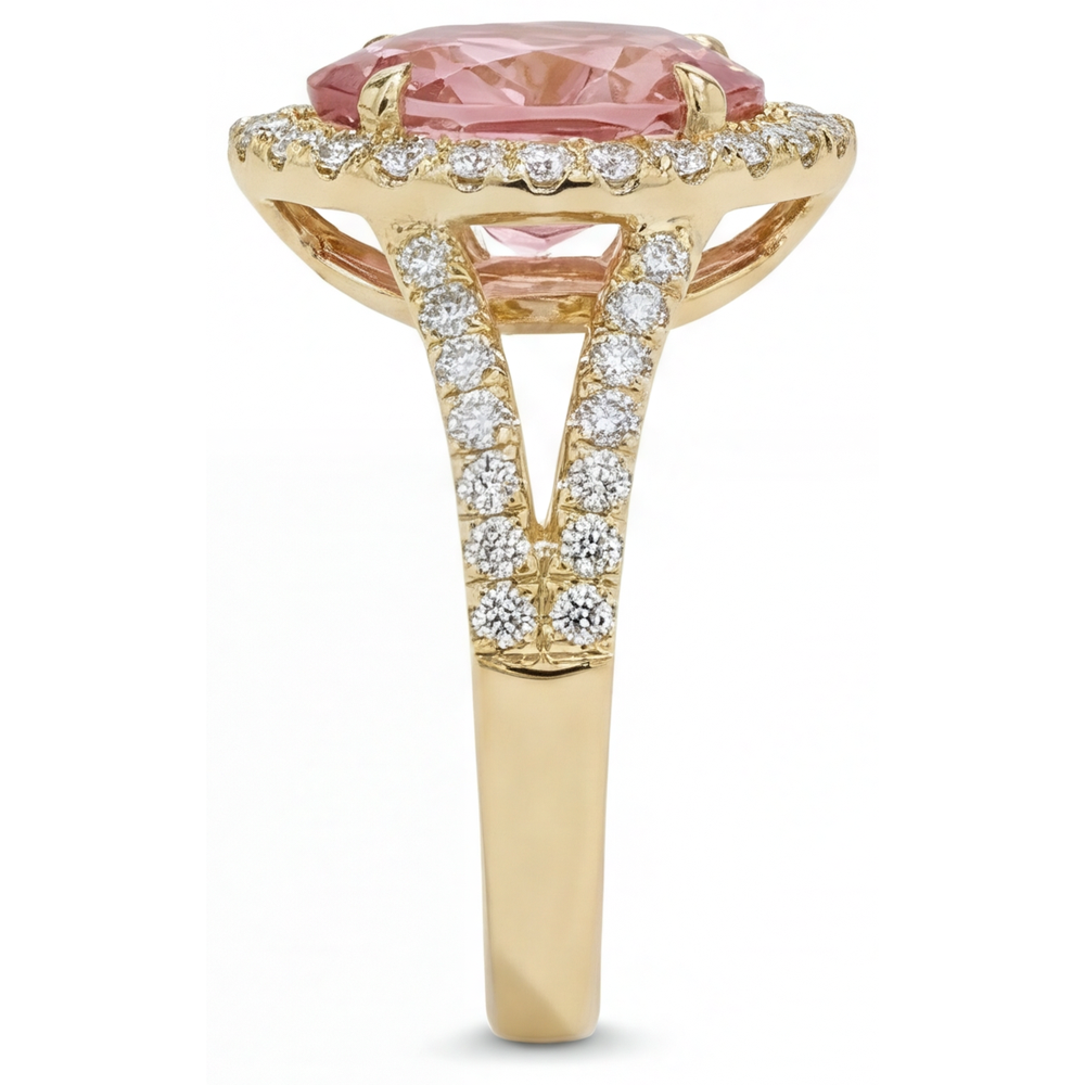 Anello Halo con Gambo Sdoppiato in Oro Giallo 14K con Zaffiro Padparadscha Pesca Naturale a Goccia da 2,8 Carati