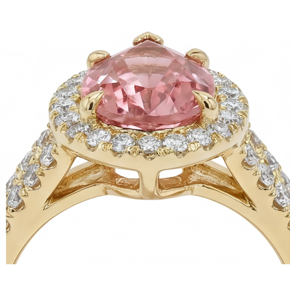 Anello Halo con Gambo Sdoppiato in Oro Giallo 14K con Zaffiro Padparadscha Pesca Naturale a Goccia da 2,8 Carati