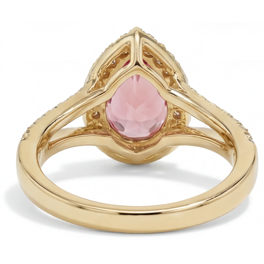 Anello Halo con Gambo Sdoppiato in Oro Giallo 14K con Zaffiro Padparadscha Pesca Naturale a Goccia da 2,8 Carati