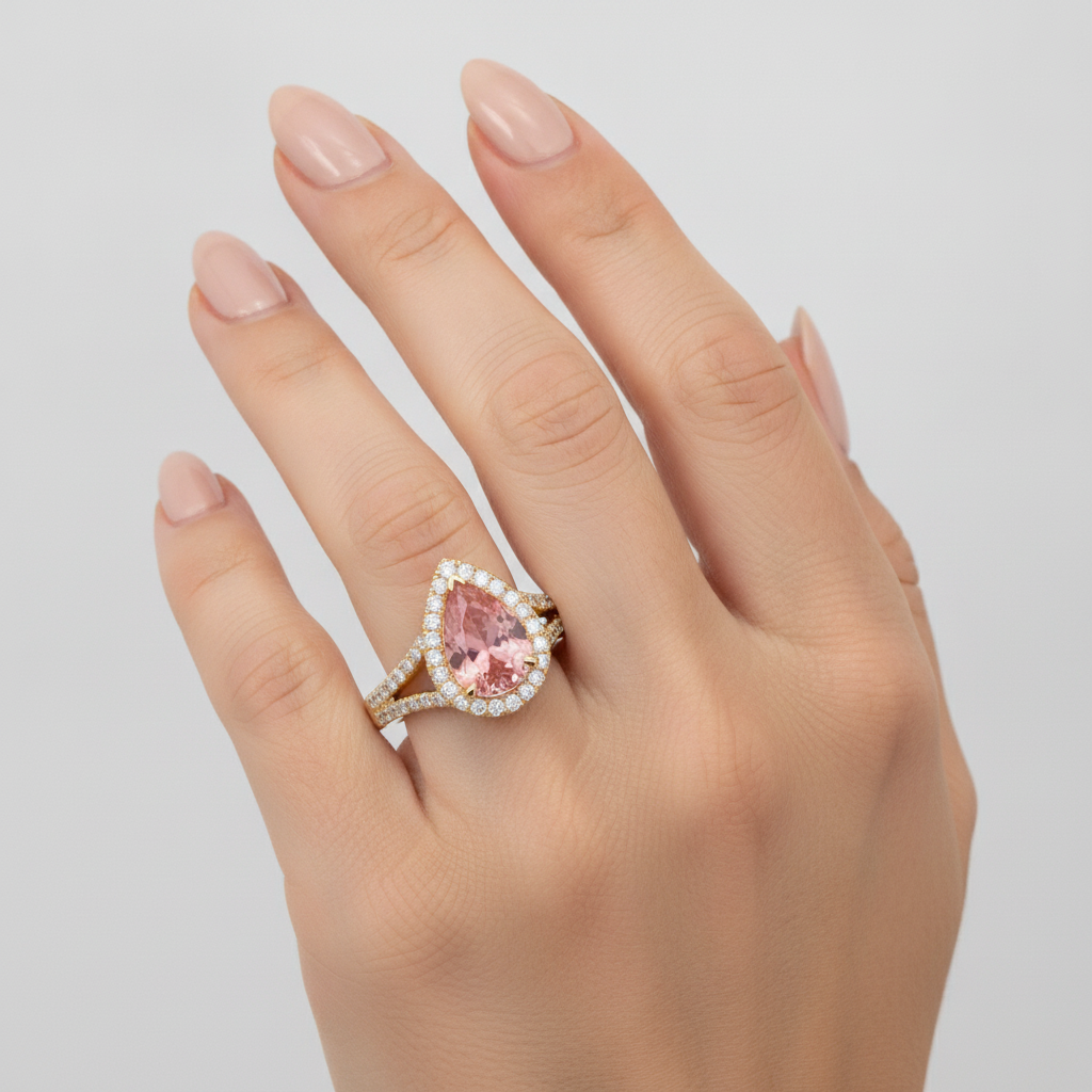 Anello Halo con Gambo Sdoppiato in Oro Giallo 14K con Zaffiro Padparadscha Pesca Naturale a Goccia da 2,8 Carati