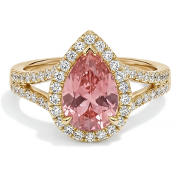 Anello Halo con Gambo Sdoppiato in Oro Giallo 14K con Zaffiro Padparadscha Pesca Naturale a Goccia da 2,8 Carati
