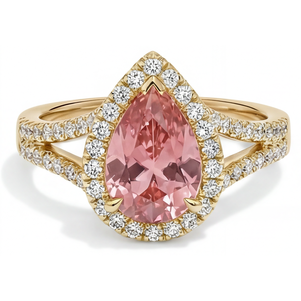 Anello Halo con Gambo Sdoppiato in Oro Giallo 14K con Zaffiro Padparadscha Pesca Naturale a Goccia da 2,8 Carati