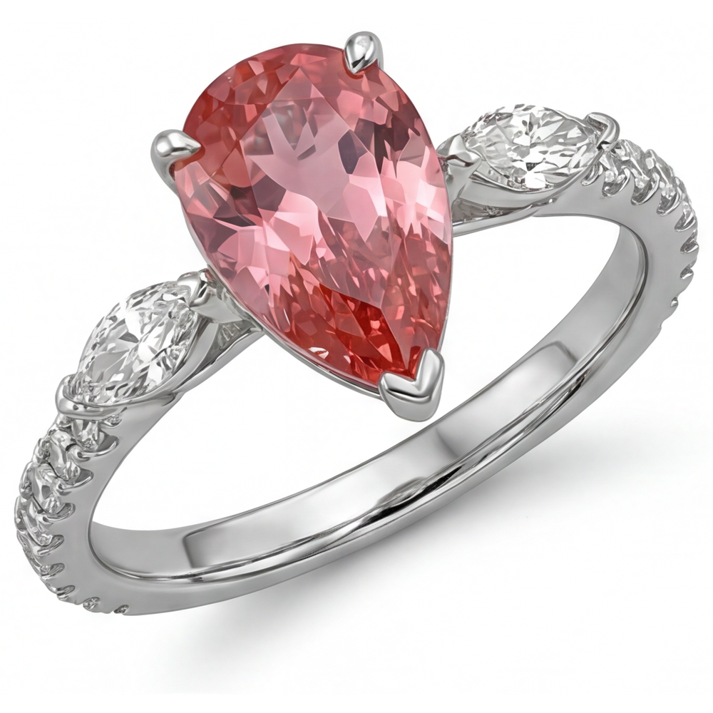 Anello a tre pietre in Oro Bianco 14 carati con zaffiro Padparadscha naturale a goccia color pesca da 2,9 carati