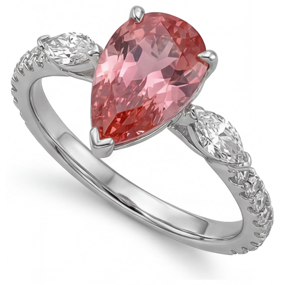 Anello a tre pietre in Oro Bianco 14 carati con zaffiro Padparadscha naturale a goccia color pesca da 2,9 carati