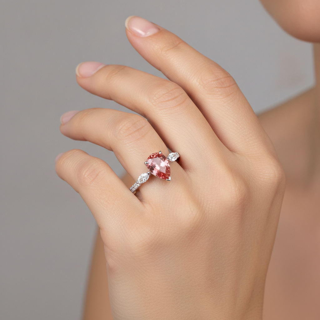 Anello a tre pietre in Oro Bianco 14 carati con zaffiro Padparadscha naturale a goccia color pesca da 2,9 carati