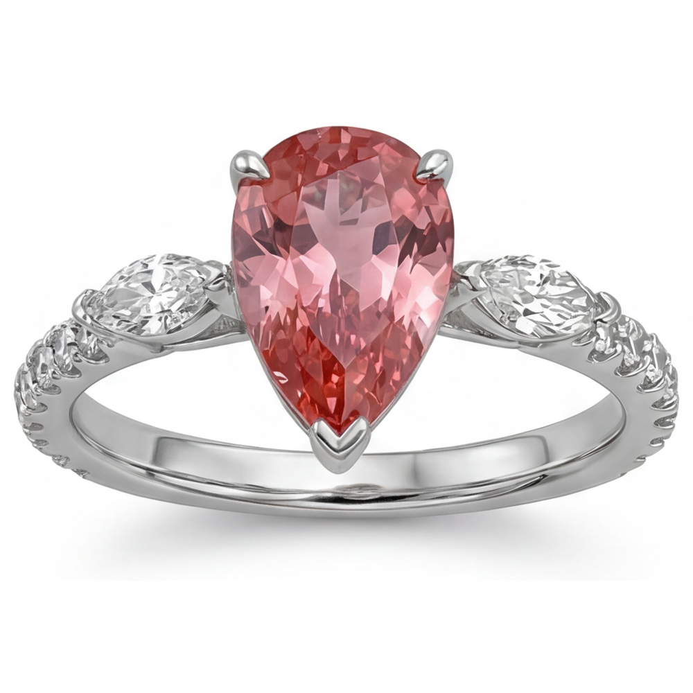 Anello a tre pietre in Oro Bianco 14 carati con zaffiro Padparadscha naturale a goccia color pesca da 2,9 carati