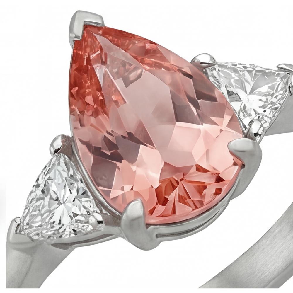 Anello di Fidanzamento a Tre Pietre con Zaffiro Padparadscha Naturale a Goccia da 2,9 Carati e Trilliant Bianchi in Oro 14K