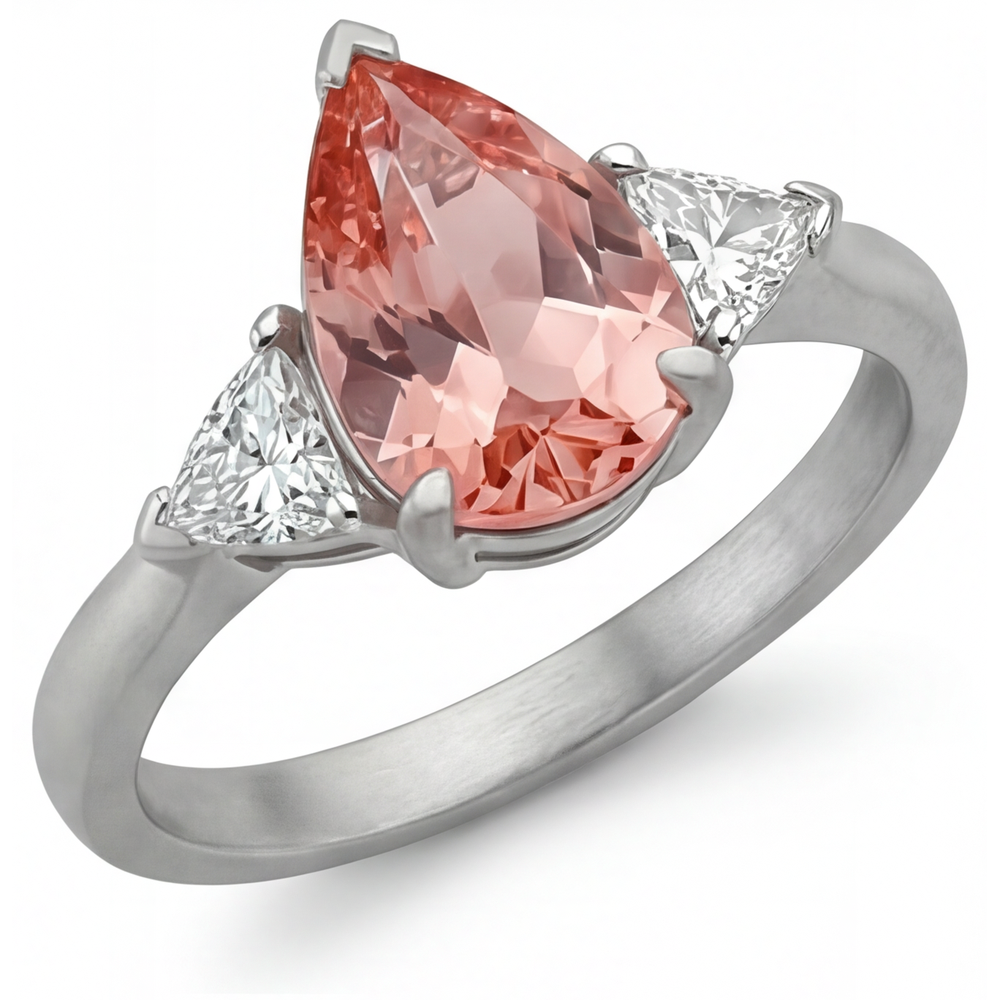 Anello di Fidanzamento a Tre Pietre con Zaffiro Padparadscha Naturale a Goccia da 2,9 Carati e Trilliant Bianchi in Oro 14K
