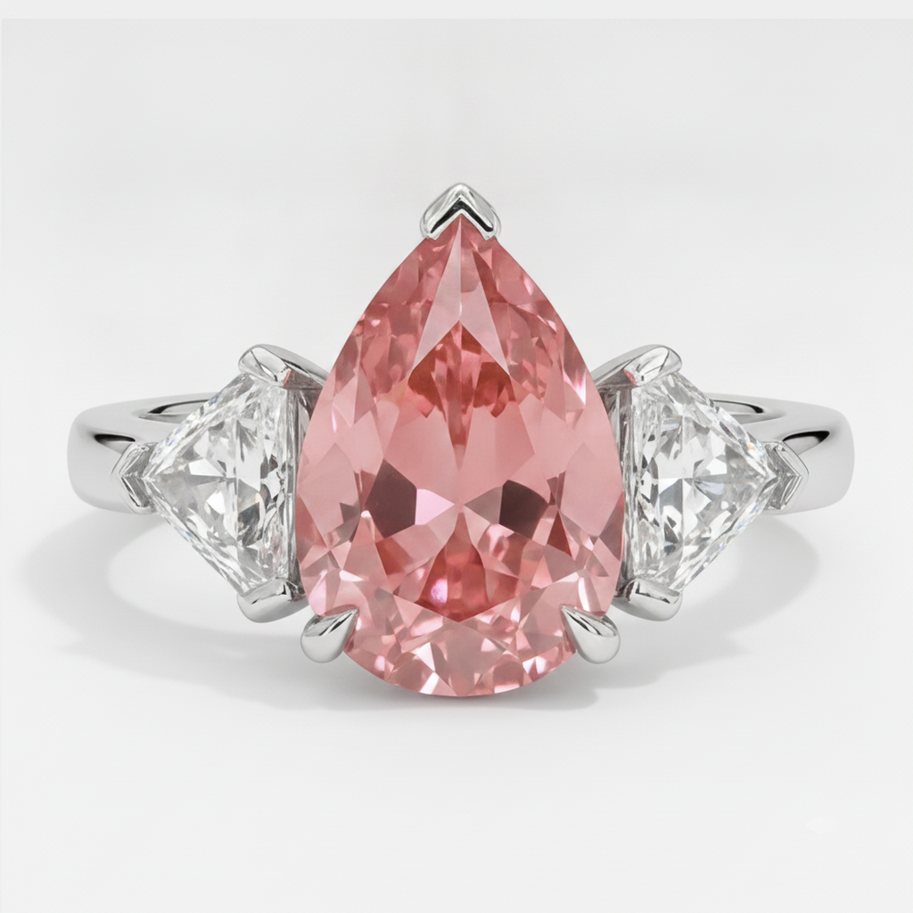 Anello a Tre Pietre in Platino con Zaffiro Padparadscha Naturale a Goccia da 3,6 Carati e Pietre Bianche Taglio Trilliant
