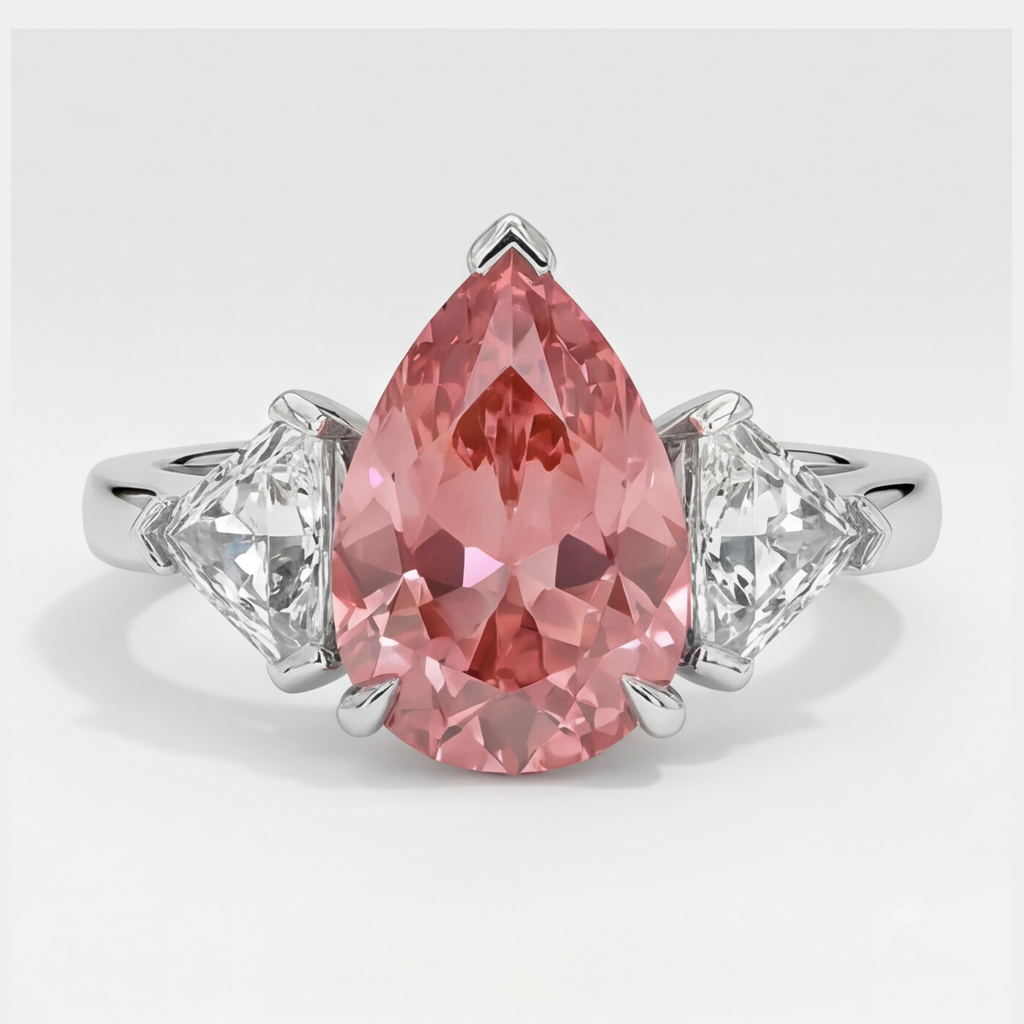 Anello a Tre Pietre in Platino con Zaffiro Padparadscha Naturale a Goccia da 3,6 Carati e Pietre Bianche Taglio Trilliant