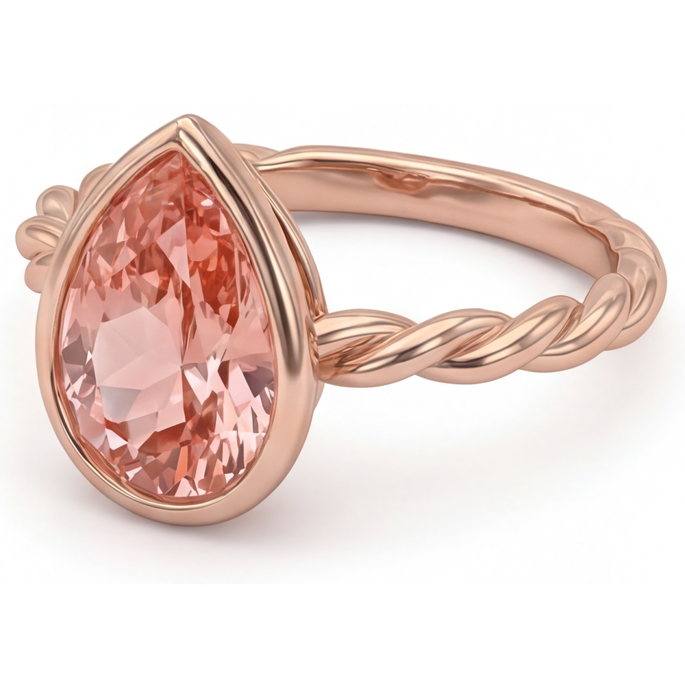 Anello Solitario con Lunetta e Zaffiro Naturale Padparadscha Pesca Taglio a Goccia da 2,5 Carati in Oro Rosa 14 Carati
