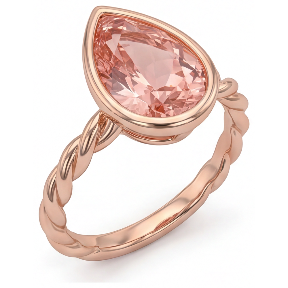 Anello Solitario con Lunetta e Zaffiro Naturale Padparadscha Pesca Taglio a Goccia da 2,5 Carati in Oro Rosa 14 Carati