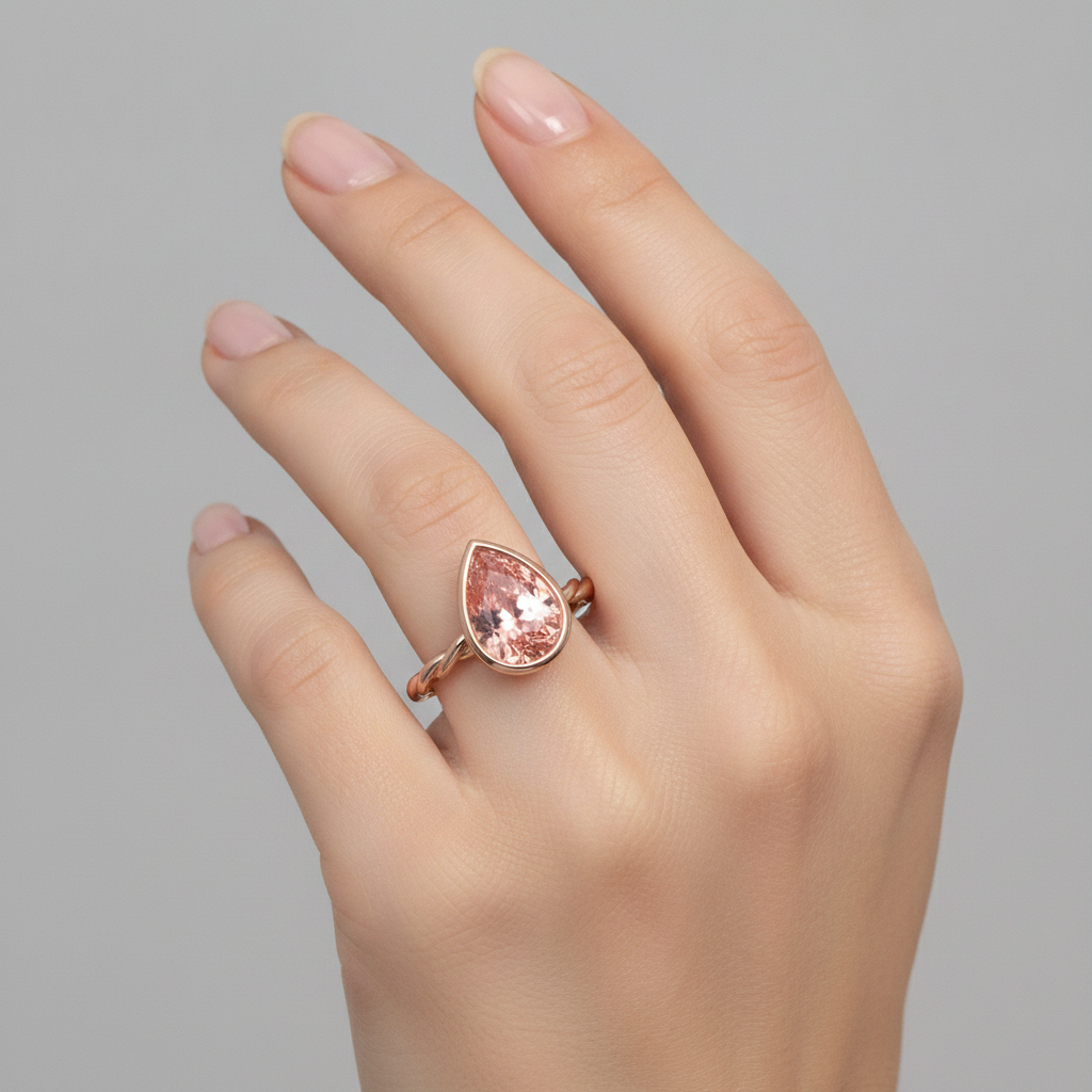 Anello Solitario con Lunetta e Zaffiro Naturale Padparadscha Pesca Taglio a Goccia da 2,5 Carati in Oro Rosa 14 Carati