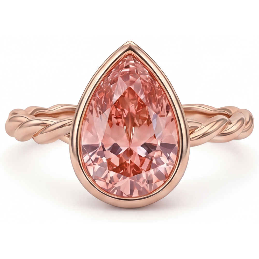 Anello Solitario con Lunetta e Zaffiro Naturale Padparadscha Pesca Taglio a Goccia da 2,5 Carati in Oro Rosa 14 Carati