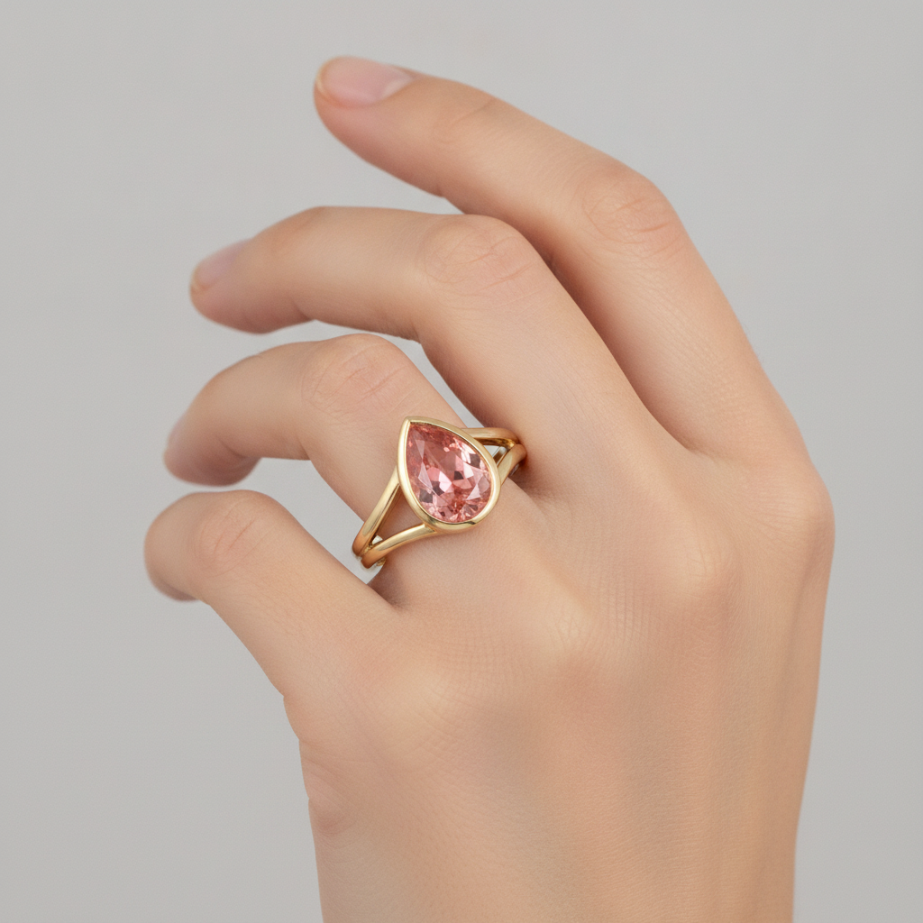 Anello Solitario con Lunetta in Oro Giallo 14K con Zaffiro Padparadscha Naturale a Goccia Color Pesca da 2 Carati