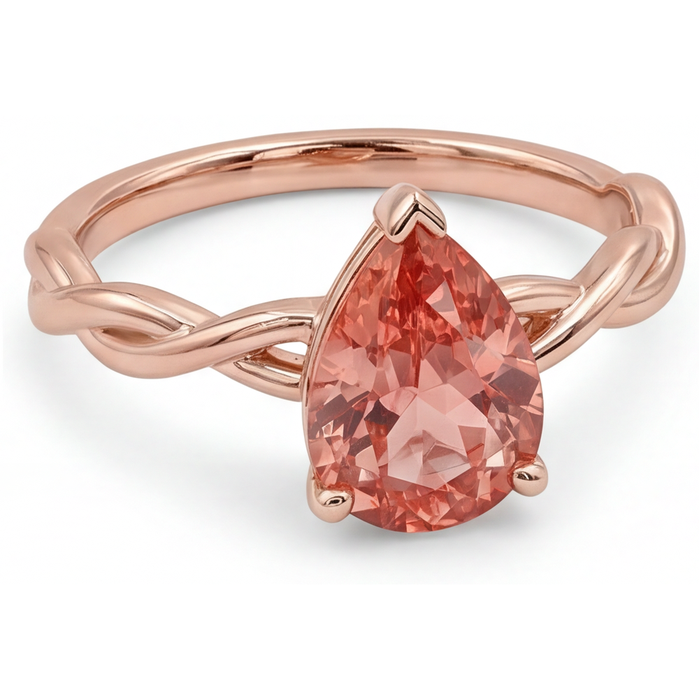 Anello Solitario in Oro Rosa 14K con Zaffiro Padparadscha Naturale Rosa Pesca Taglio a Goccia da 2 Carati