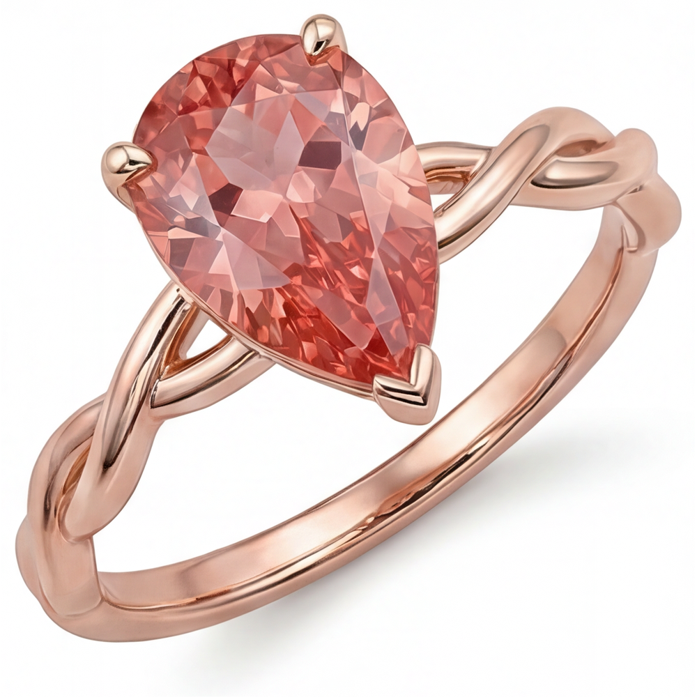 Anello Solitario in Oro Rosa 14K con Zaffiro Padparadscha Naturale Rosa Pesca Taglio a Goccia da 2 Carati